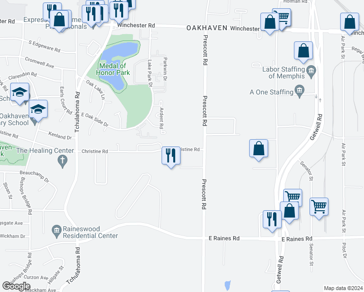 map of restaurants, bars, coffee shops, grocery stores, and more near 3519 Christine Road in Memphis