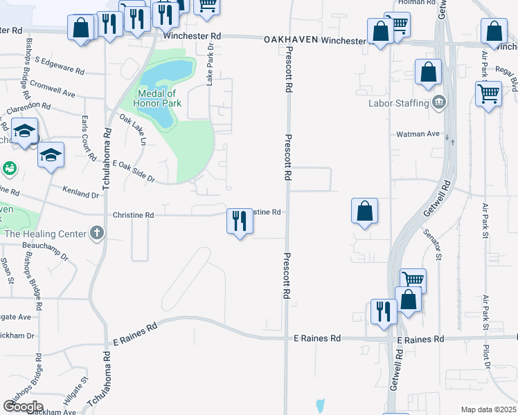 map of restaurants, bars, coffee shops, grocery stores, and more near 3519 Christine Road in Memphis