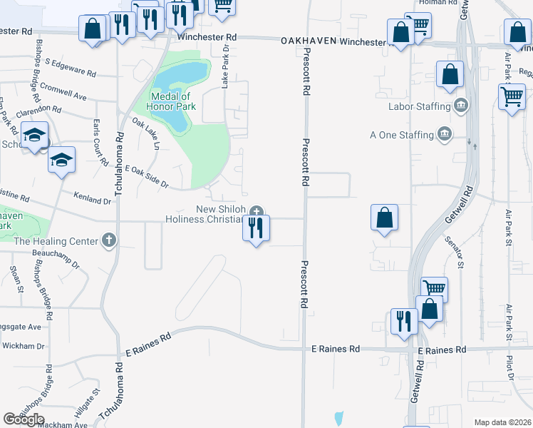 map of restaurants, bars, coffee shops, grocery stores, and more near 3519 Christine Road in Memphis