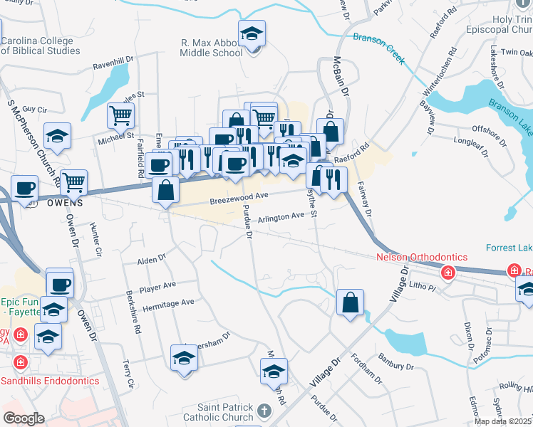 map of restaurants, bars, coffee shops, grocery stores, and more near 2812 Arlington Avenue in Fayetteville