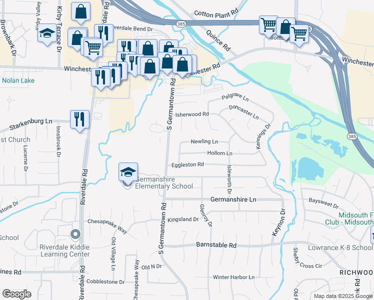 map of restaurants, bars, coffee shops, grocery stores, and more near 7234 Hollorn Lane in Memphis