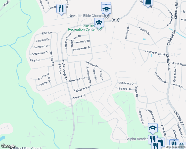 map of restaurants, bars, coffee shops, grocery stores, and more near 1935 Jenny Road in Fayetteville