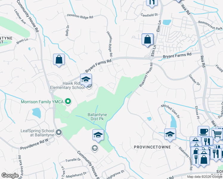map of restaurants, bars, coffee shops, grocery stores, and more near 9724 Mattforest Circle in Charlotte