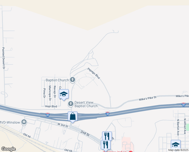 map of restaurants, bars, coffee shops, grocery stores, and more near 151 Papago Boulevard in Winslow