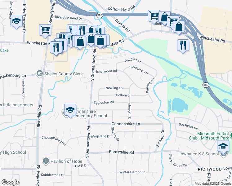 map of restaurants, bars, coffee shops, grocery stores, and more near 7307 Hollorn Lane in Memphis