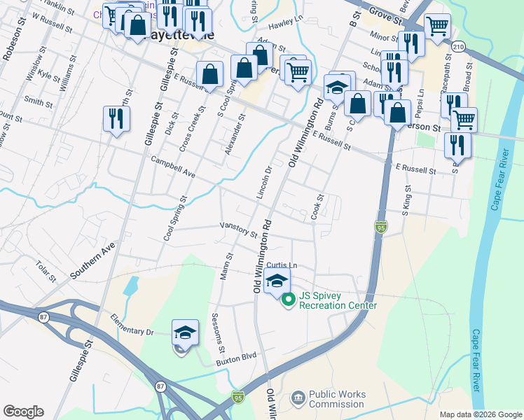 map of restaurants, bars, coffee shops, grocery stores, and more near 412 Old Wilmington Road in Fayetteville