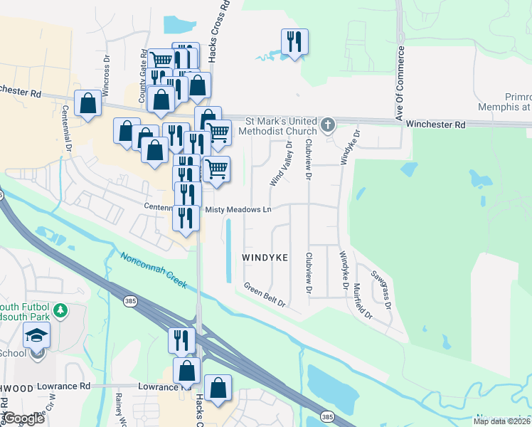 map of restaurants, bars, coffee shops, grocery stores, and more near 3885 Fun Valley Drive in Memphis