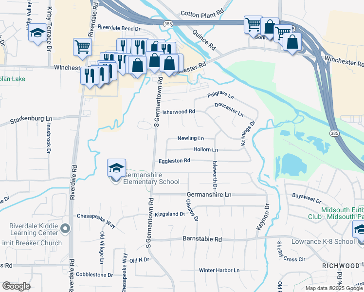 map of restaurants, bars, coffee shops, grocery stores, and more near 7261 Hollorn Lane in Memphis