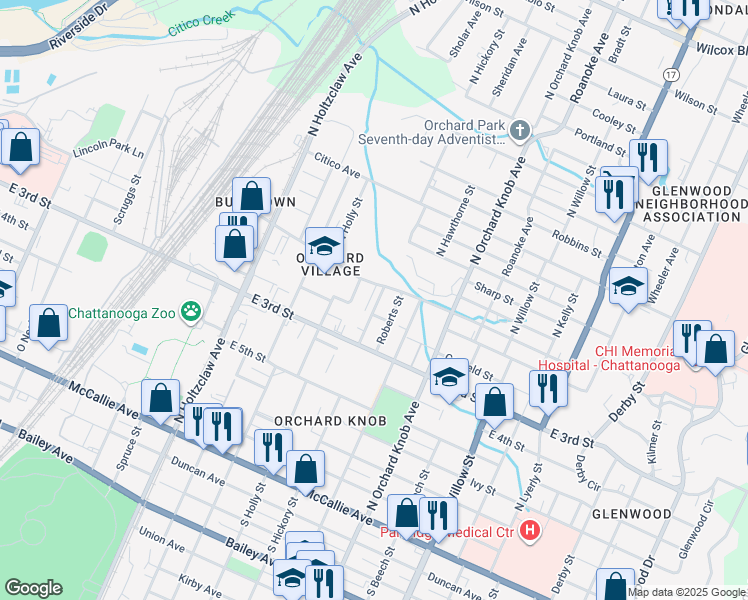 map of restaurants, bars, coffee shops, grocery stores, and more near 437 North Hickory Street in Chattanooga