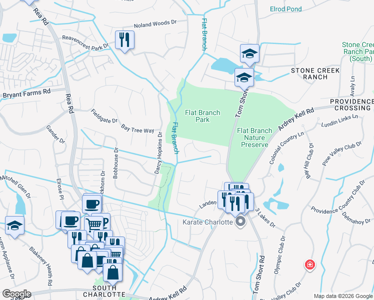 map of restaurants, bars, coffee shops, grocery stores, and more near 6844 Braddock Lane in Charlotte