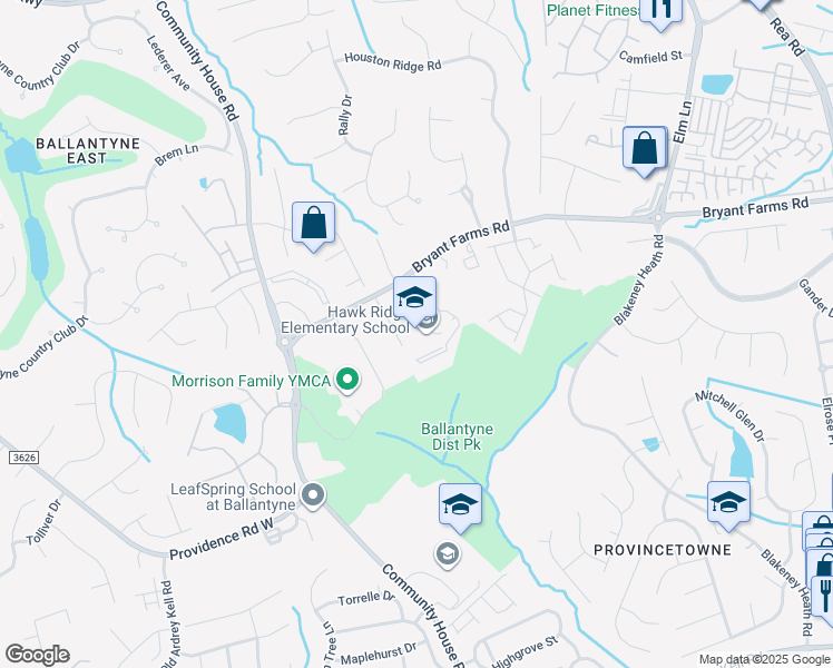 map of restaurants, bars, coffee shops, grocery stores, and more near 9201 Bryant Farms Road in Charlotte