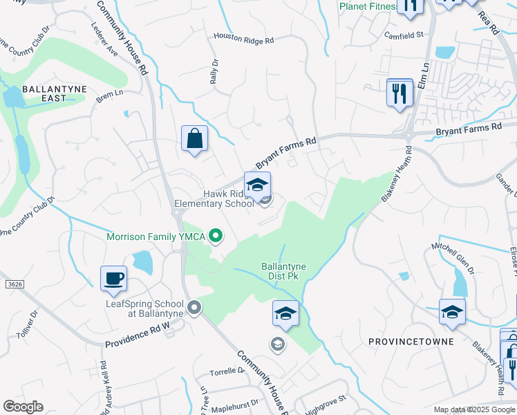 map of restaurants, bars, coffee shops, grocery stores, and more near 9201 Bryant Farms Road in Charlotte