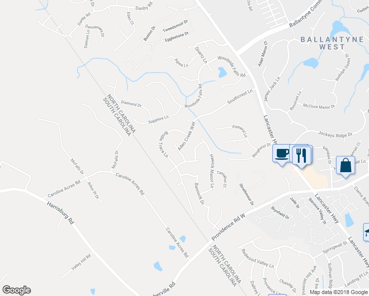 map of restaurants, bars, coffee shops, grocery stores, and more near 12527 Aden Creek Way in Pineville