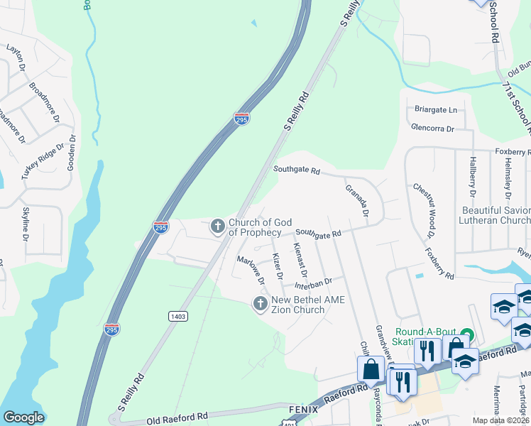 map of restaurants, bars, coffee shops, grocery stores, and more near 6921 Kizer Drive in Fayetteville