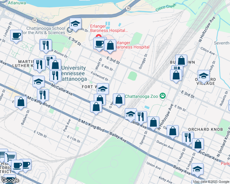 map of restaurants, bars, coffee shops, grocery stores, and more near 529 Oneal Street in Chattanooga