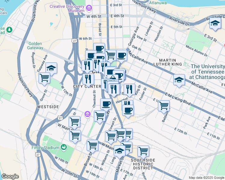 map of restaurants, bars, coffee shops, grocery stores, and more near 1100 Market Street in Chattanooga