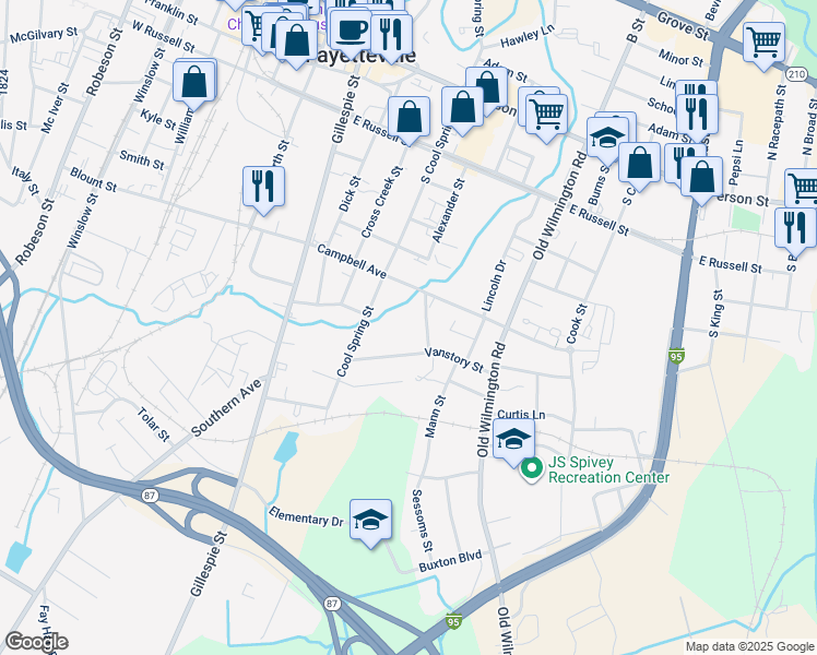 map of restaurants, bars, coffee shops, grocery stores, and more near 355 Vanstory Street in Fayetteville