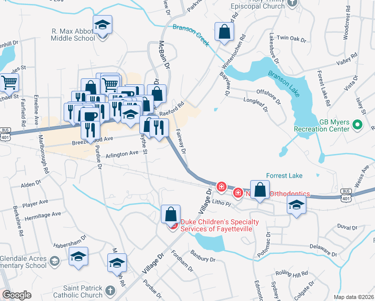 map of restaurants, bars, coffee shops, grocery stores, and more near 211 Fairway Dr in Fayetteville
