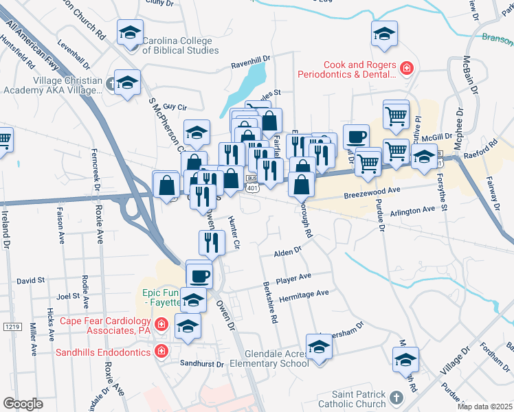 map of restaurants, bars, coffee shops, grocery stores, and more near 1036 Ancestry Drive in Fayetteville