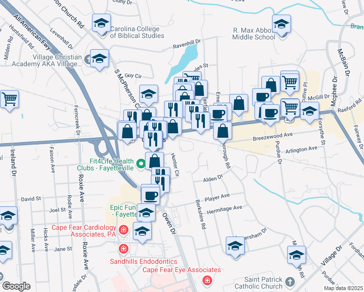 map of restaurants, bars, coffee shops, grocery stores, and more near 113 Hunter Circle in Fayetteville