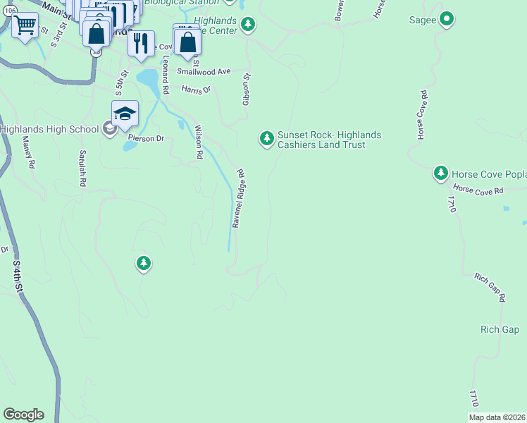 map of restaurants, bars, coffee shops, grocery stores, and more near 750 Ravenel Ridge Road in Highlands