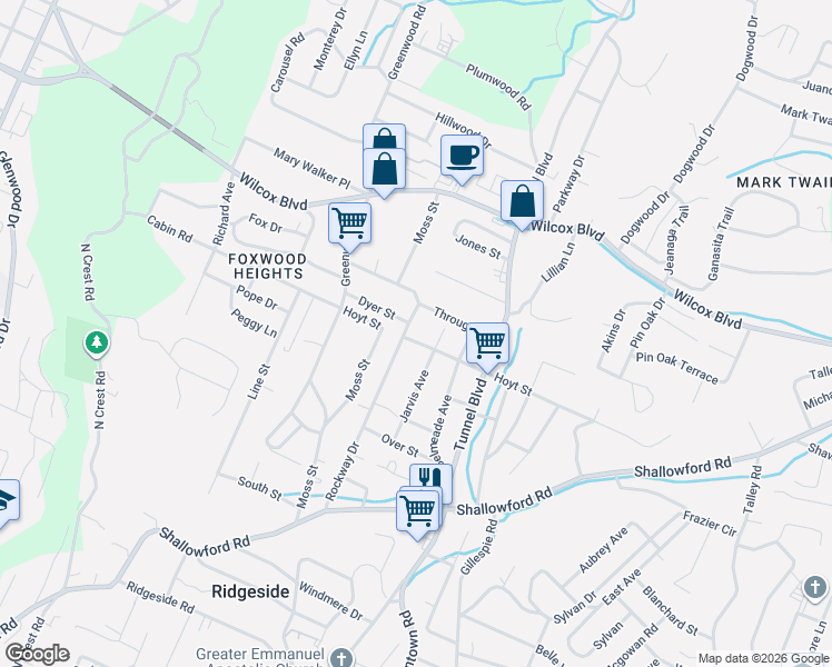 map of restaurants, bars, coffee shops, grocery stores, and more near 1110 Rockway Drive in Chattanooga