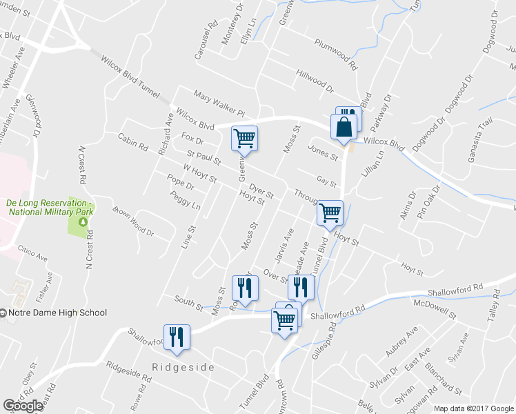 map of restaurants, bars, coffee shops, grocery stores, and more near 1111 Moss Street in Chattanooga