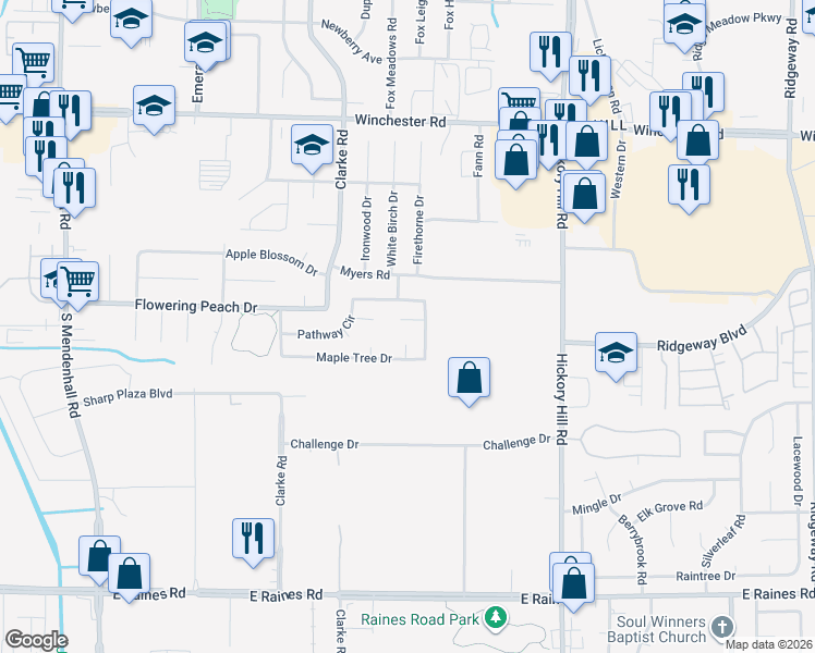 map of restaurants, bars, coffee shops, grocery stores, and more near 3870 Pinbranch Court in Memphis