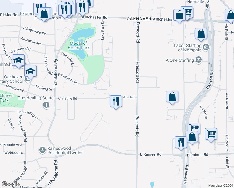 map of restaurants, bars, coffee shops, grocery stores, and more near 3519 Christine Road in Memphis