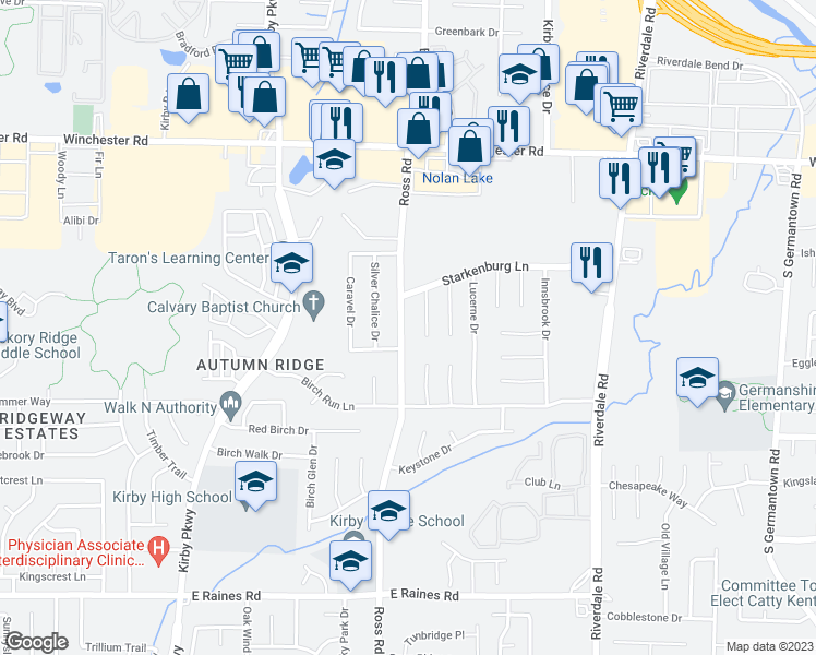 map of restaurants, bars, coffee shops, grocery stores, and more near 3848 Ross Road in Memphis