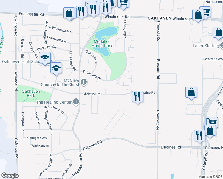 map of restaurants, bars, coffee shops, grocery stores, and more near 3402 Christine Road in Memphis