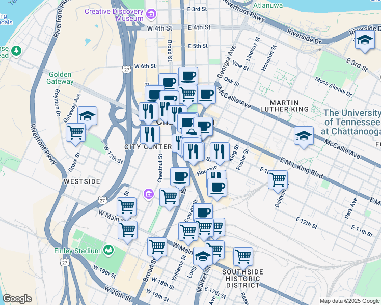 map of restaurants, bars, coffee shops, grocery stores, and more near 1100 Market Street in Chattanooga