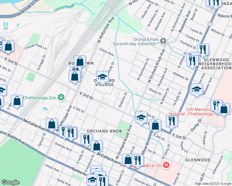 map of restaurants, bars, coffee shops, grocery stores, and more near 1623 Hickory Place in Chattanooga