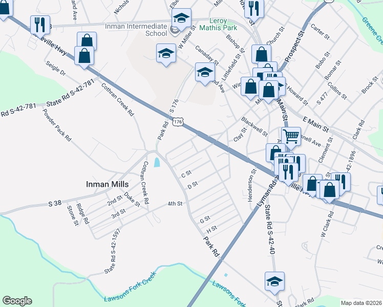 map of restaurants, bars, coffee shops, grocery stores, and more near 15 C Street in Inman