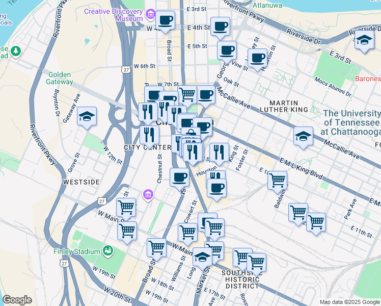 map of restaurants, bars, coffee shops, grocery stores, and more near 1101 Market Street in Chattanooga