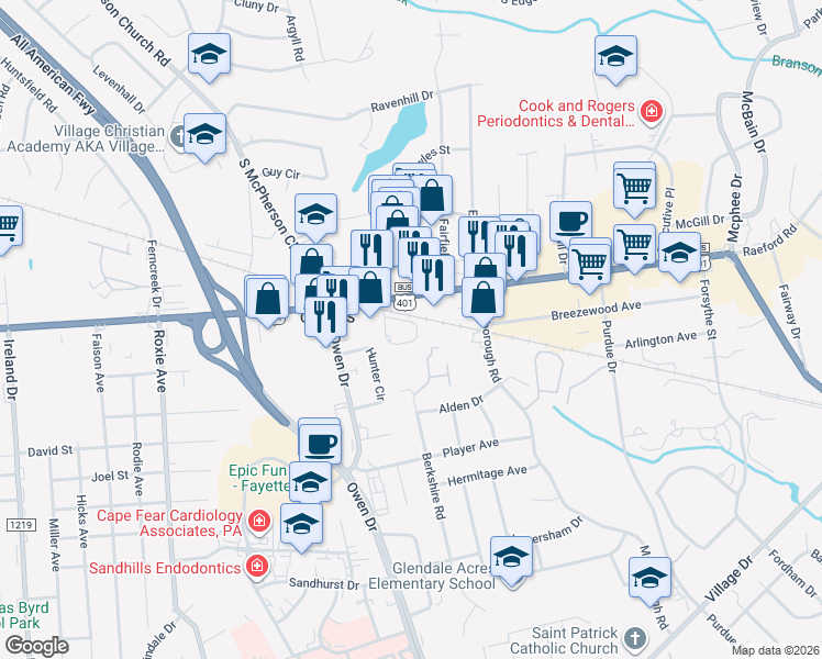 map of restaurants, bars, coffee shops, grocery stores, and more near 1047 Ancestry Drive in Fayetteville