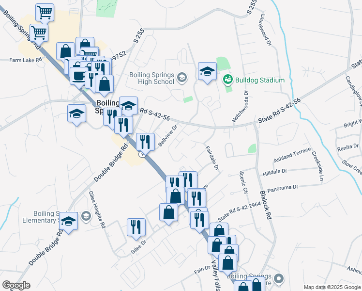 map of restaurants, bars, coffee shops, grocery stores, and more near 705 West Sago Court in Boiling Springs