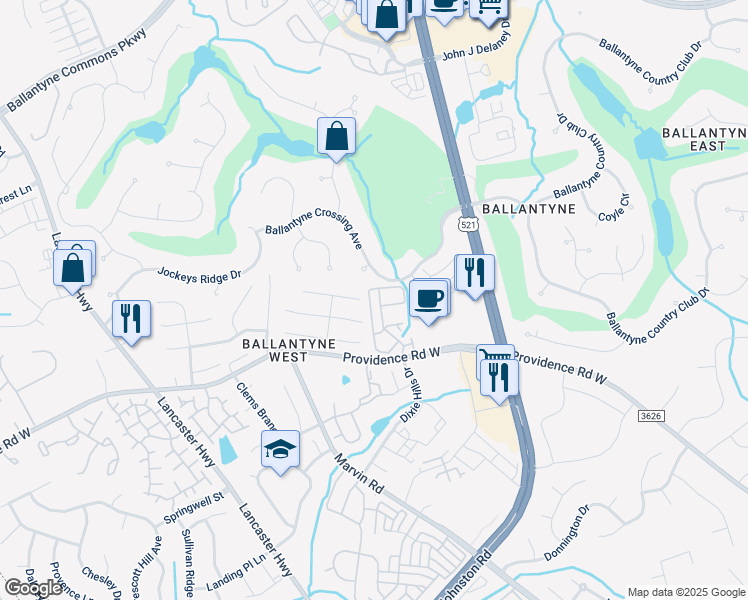 map of restaurants, bars, coffee shops, grocery stores, and more near 14828 Scothurst Lane in Charlotte