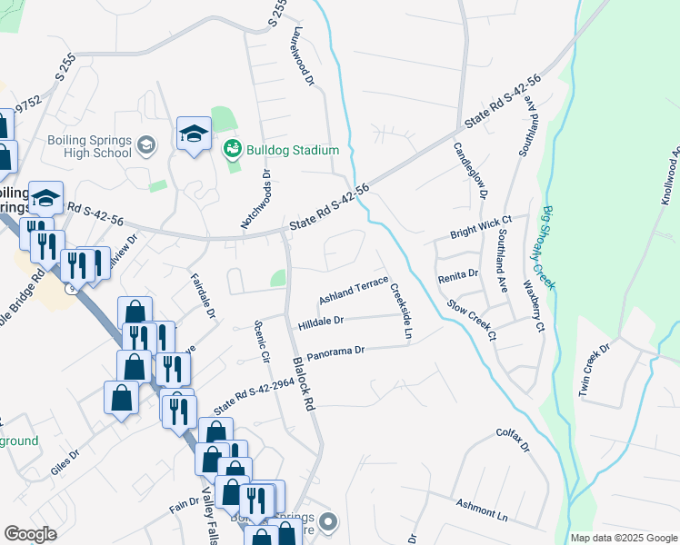 map of restaurants, bars, coffee shops, grocery stores, and more near 107 Ashland Terrace in Boiling Springs