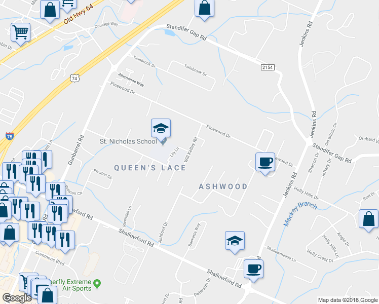 map of restaurants, bars, coffee shops, grocery stores, and more near 2537 Will Kelley Road in Chattanooga