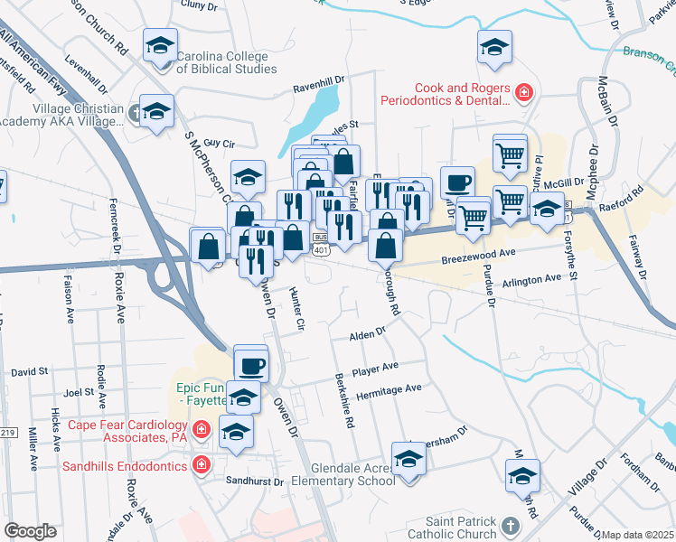 map of restaurants, bars, coffee shops, grocery stores, and more near 1036 Ancestry Drive in Fayetteville