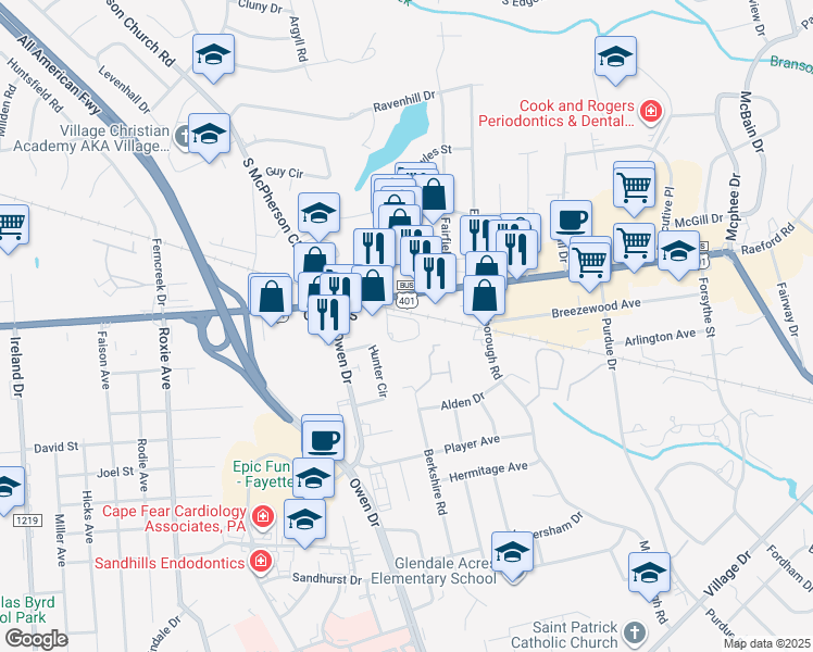 map of restaurants, bars, coffee shops, grocery stores, and more near 1036 Ancestry Drive in Fayetteville