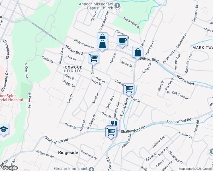 map of restaurants, bars, coffee shops, grocery stores, and more near 1110 Rockway Drive in Chattanooga