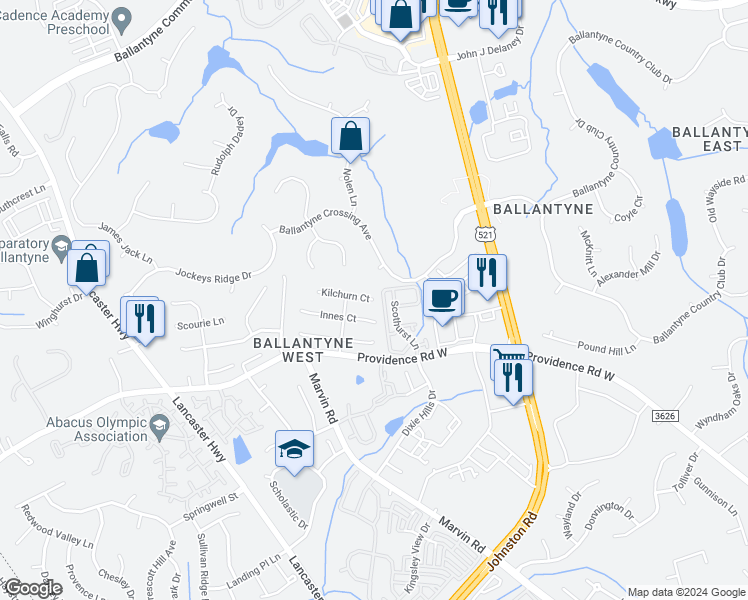 map of restaurants, bars, coffee shops, grocery stores, and more near 6137 Kilchurn Court in Charlotte