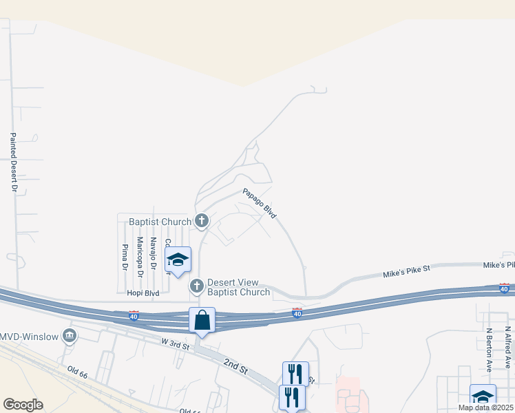 map of restaurants, bars, coffee shops, grocery stores, and more near 151 Papago Boulevard in Winslow