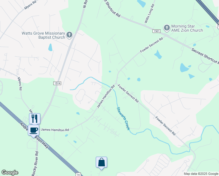 map of restaurants, bars, coffee shops, grocery stores, and more near 3014 James Hamilton Road in Monroe