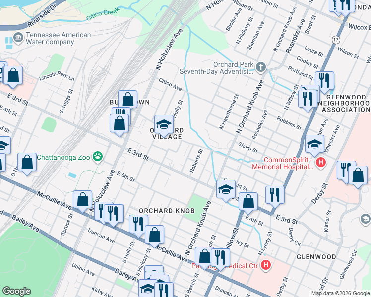 map of restaurants, bars, coffee shops, grocery stores, and more near 1623 Hickory Place in Chattanooga