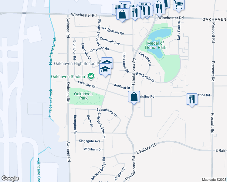 map of restaurants, bars, coffee shops, grocery stores, and more near 3178 Christine Road in Memphis