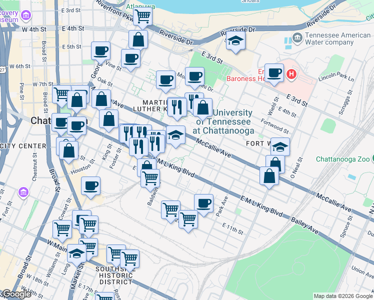 map of restaurants, bars, coffee shops, grocery stores, and more near East 8th Street in Chattanooga
