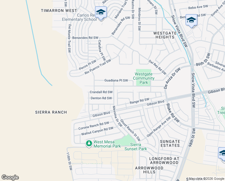 map of restaurants, bars, coffee shops, grocery stores, and more near 10615 Denton Road Southwest in Albuquerque